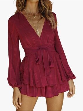 Deep red V neck romper